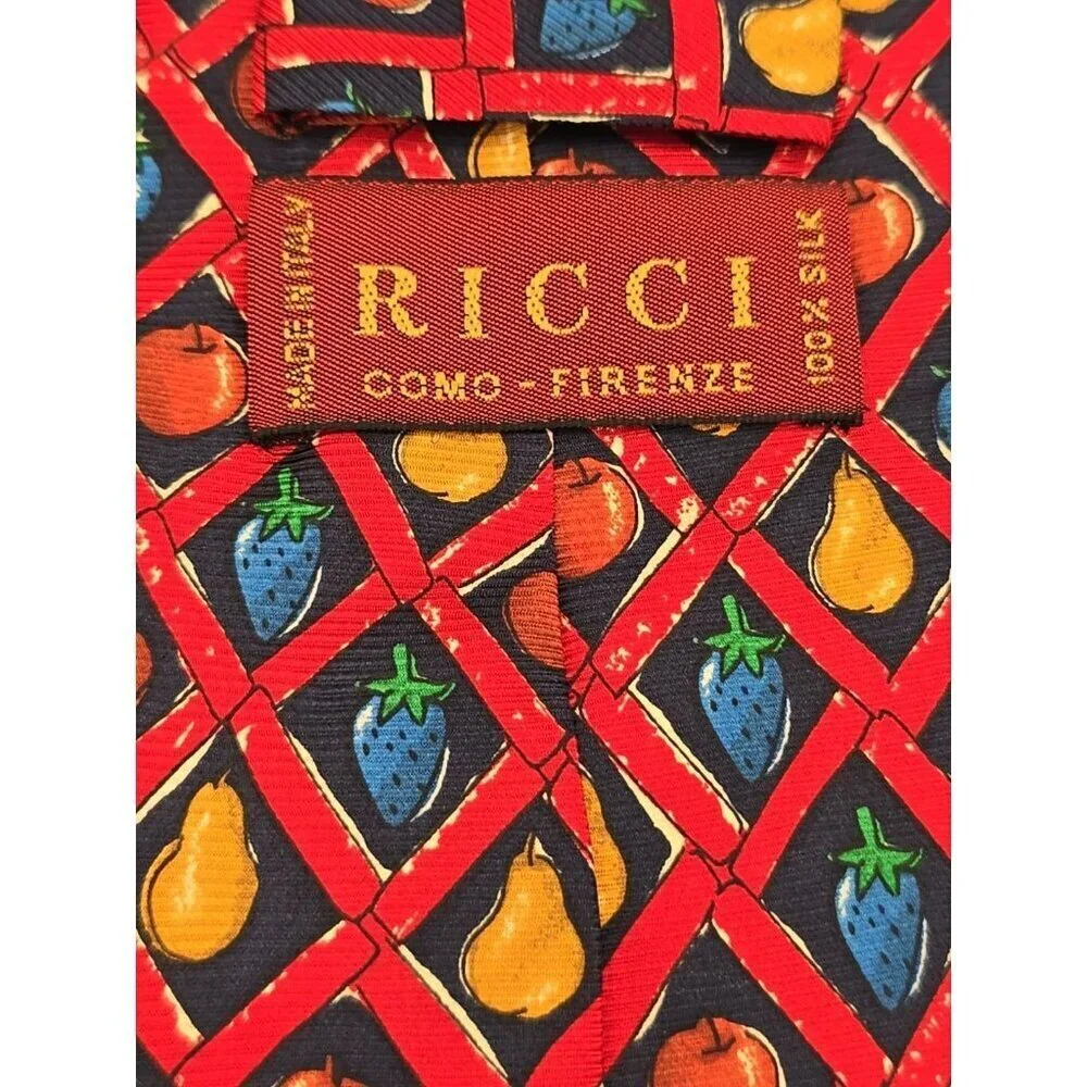 Ricci Como Firenze Mens Necktie 100% Silk Made In Italy Red with Fruit Design